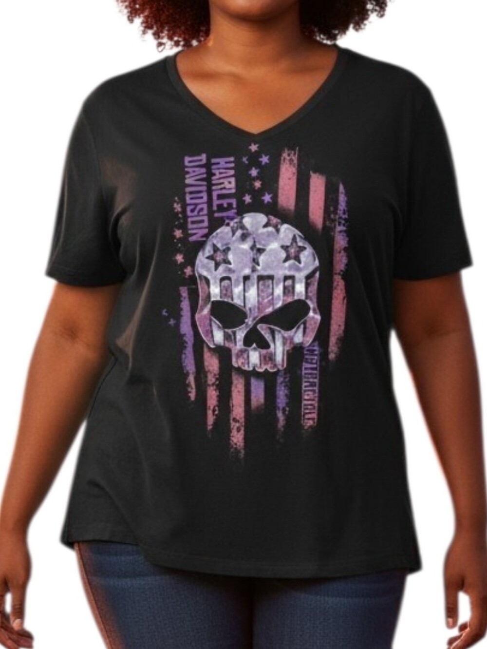 Harley Davidson Womens V-Neck Graphic T Shirt Black Willie G Skull Flag Size 2X